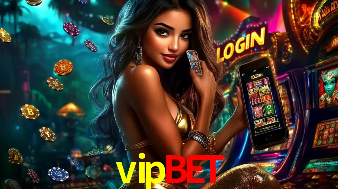 Mulher em um cenário de cassino temático de aventura, mostrando o app de caça-níqueis da vipbet no celular. Fichas de apostas flutuam ao redor.