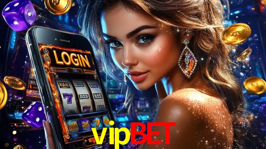 Mulher glamorosa segurando um smartphone com a tela de login para os jogos de caça-níqueis do cassino online vipbet, com moedas de ouro e dados ao redor.