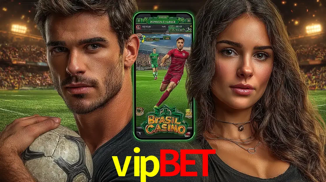 Homem segurando uma bola de futebol e uma mulher ao lado de um smartphone exibindo o jogo de apostas esportivas da vipbet. Faça seu palpite no cassino online.